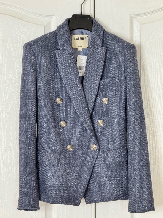 L'AGENCE Jackets & Blazers - L'AGENCE Wool Blend Tweed Double-Breasted Blazer in Denim Blue - US 2